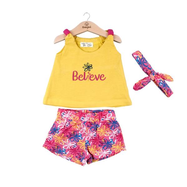 Conjunto de 2 Piezas + Cinta  Blusa y Short Verde C/ Rosado Niña 12m